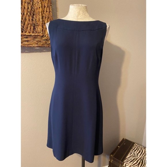 Escada Couture Dress Navy Blue 42 10 12 Low Plunge Open Back Silk Sheath - Picture 3 of 10